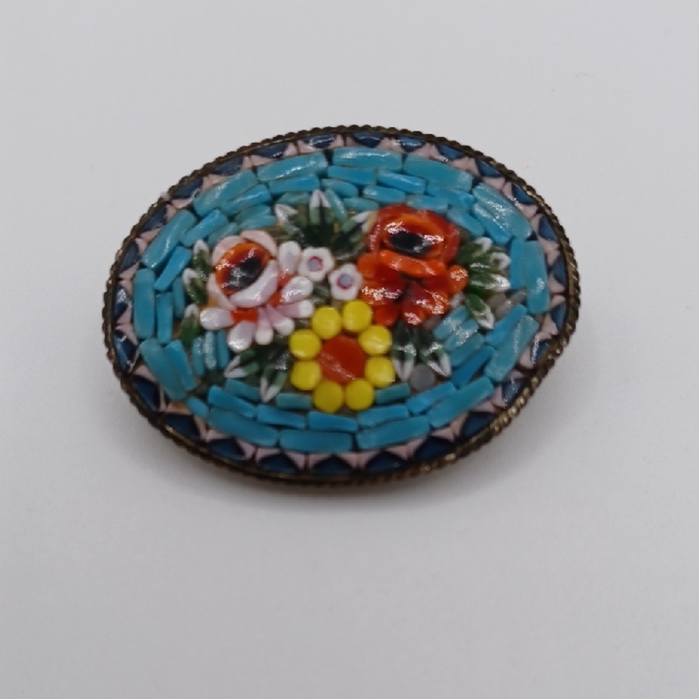 Micro Mosaic Blue, Yellow, and Red Floral Brooch